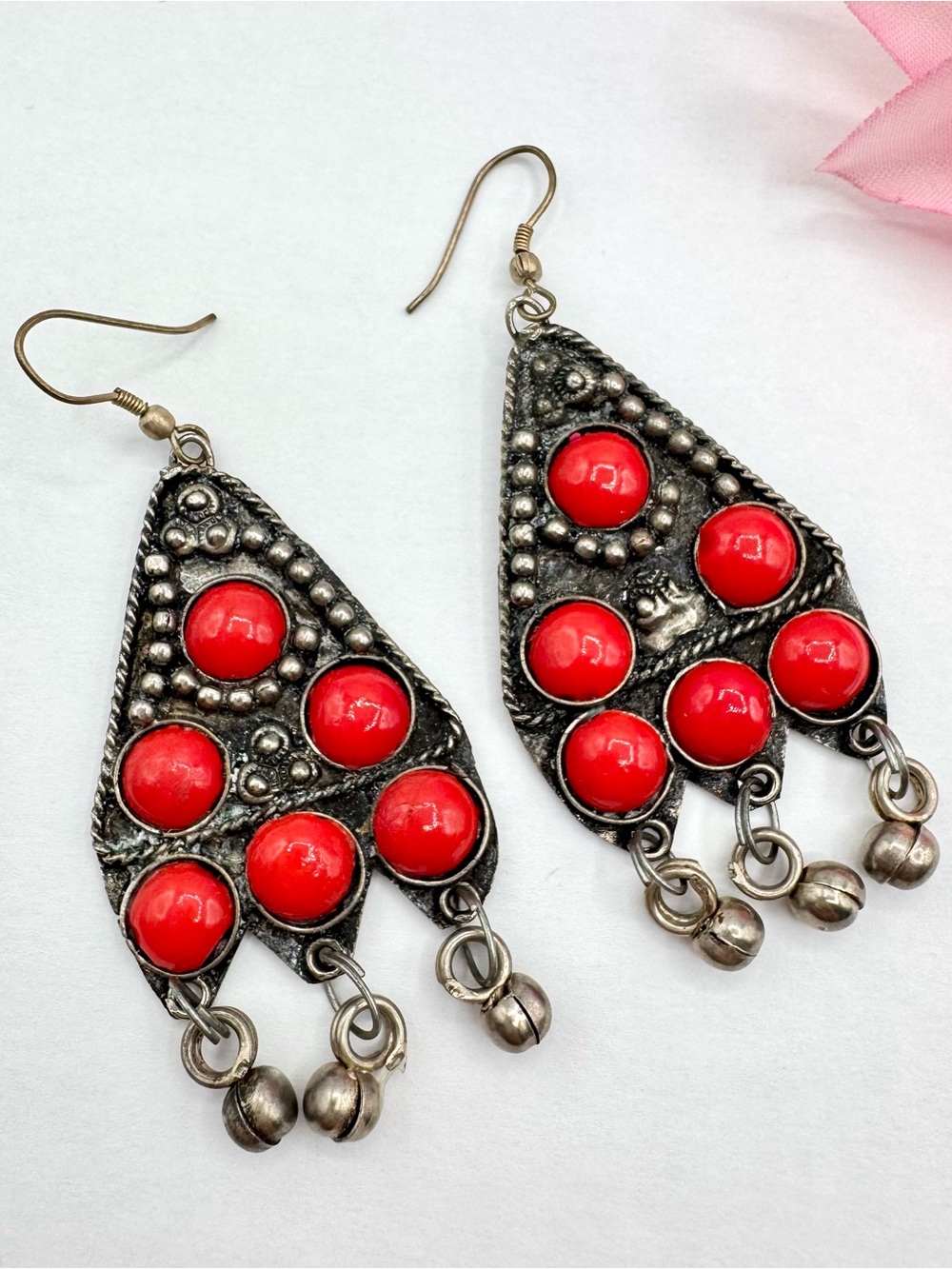 Boho Festival Red Accent Dangle Earrings Silver Tone Eastern Bellydancer